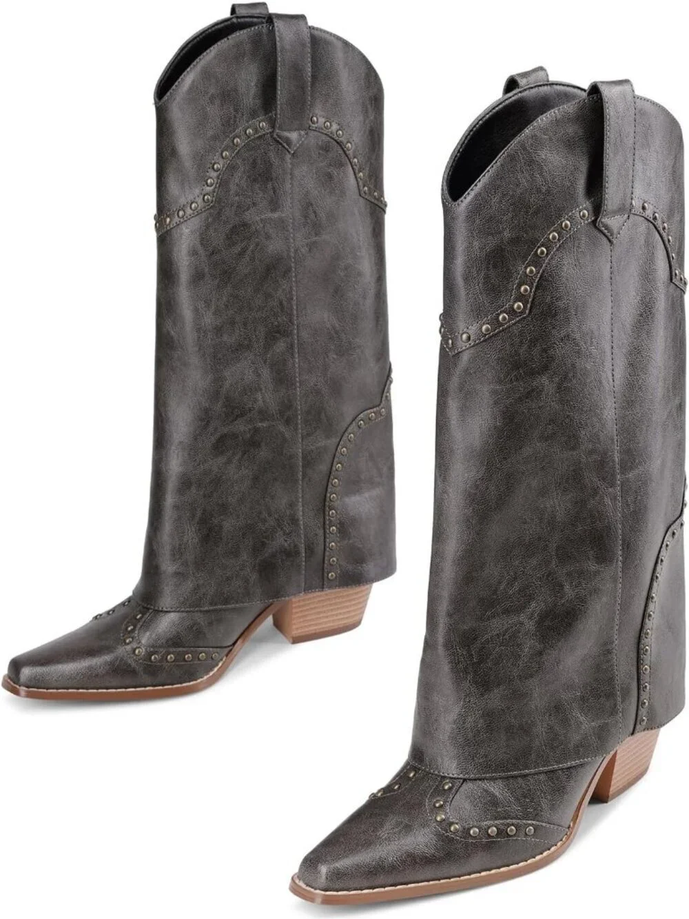 Women's Grey Shark Boots Knee High Cowboy Cowgirl Fold Over Chunky Heel